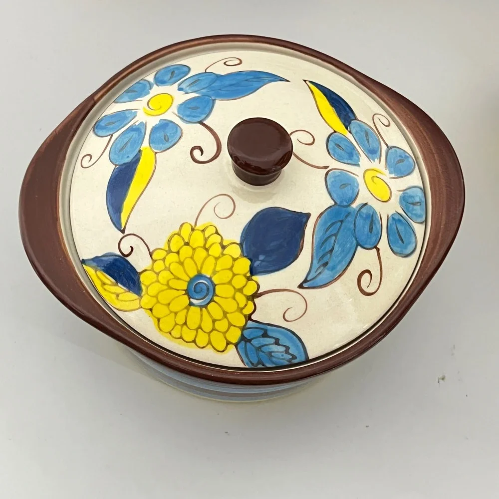 Temp-tations Ramekin Set 9 oz Blue Yellow‎ Floral Ceramic Ovenware 4pc